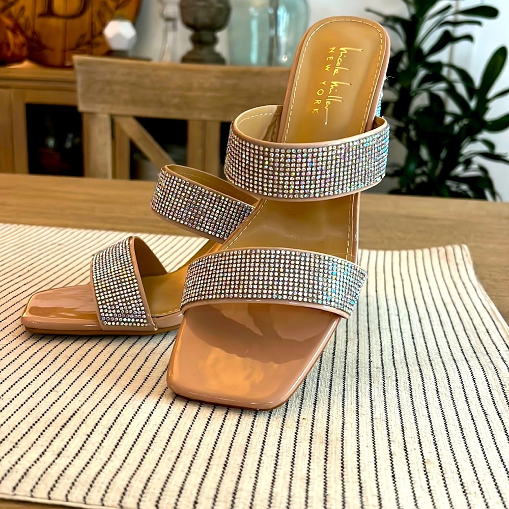 Nicole Miller Nude Rhinestone Block Heels